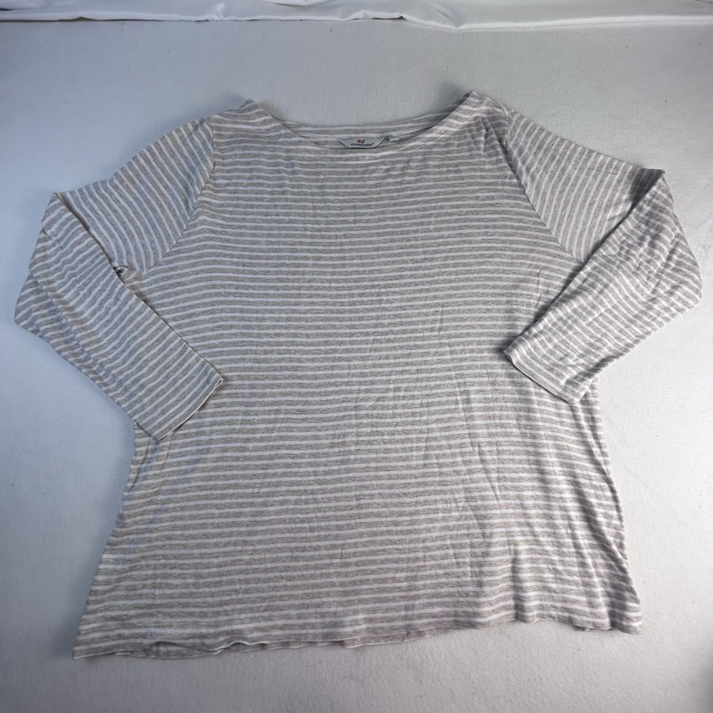Vineyard Vines Women's Beige/White Striped 3/4 Sleeve Tee Shirt 2XL Cottagecore